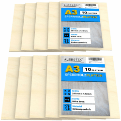 AUPROTEC 10x A3 Sperrholz-Platten Birke 3mm Multiplexplatten (297 mm x 420 mm) Bastel- und Laubsäge-Holzplatten Birke Massiv Multiplex Holz Industriequalität