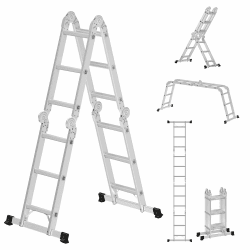 SONGMICS Leiter, Mehrzweckleiter, Trittleiter, Aluleiter, Haushaltsleiter, 4 x 3 Stufen, bis 150 kg, 12 Stufen, in 6 Positionen, 326 cm lang, silbern GLT36M
