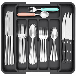 Lifewit Kleiner Besteckkasten für Schublade, Verstellbarer Besteckeinsatz Breite von 23 auf 37 cm, Kunststoff Besteckhalter, Schubladeneinsatz Tiefe 31 cm, Küchen Organizer für Löffel/Gabeln, Schwarz