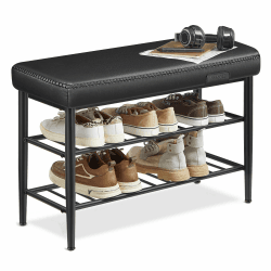 VASAGLE EKHO Kollektion Schuhbank, Sitzbank, Sitztruhe, Eingangsbereich, Kunstleder, Nähte, 60er Jahre Stil, modern, bis 135 kg belastbar, 30 x 80 x 50 cm, tintenschwarz LSB054B01