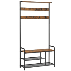 VASAGLE Garderobenständer, Garderobe, Kleiderständer 9 Haken, Schuhbank, Ablage, 30 x 85 x 180,5 cm, für Flur, Schlafzimmer, kleine Wohnungen, Industrie-Design, vintagebraun-schwarz HSR409B01