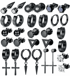 JeweBella 15 Paar Ohrringe Herren Edelstahl Ohrstecker Set Ohrringe Creolen Hypoallergen Zirkonia Ohrstecker Kreuz Baumelnde Ohrringe Piercing Knorpel Ohrringe Schwarz/Silber für Männer Damen A:StyleA