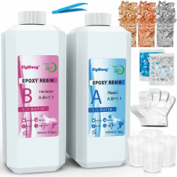 Epoxidharz mit Härter 1100ml set glasklar Gießharz für Holz - 2 teiliges Gießharz für Kunst, Schmuckherstellung- Mit Pigment, Blattgold, Glitzer, Handschuhe, Mischstab, Messbecher, Pinzette, Pipetten