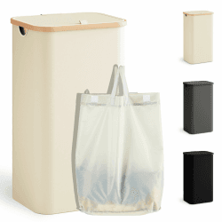 YOUDENOVA Wäschekorb mit Deckel 100L Wäschesammler schmal mit Wäschesack faltbarer Wäschesortierer mit Kunststoffgriff Wäschetruhe hoch Laundry Baskets, Beige