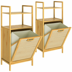 CASARIA® 2x Badregal mit Wäschekorb 70l Bambusregal Badezimmerregal natur 2 Ablagen Wäschesammler Wäschebox Regal