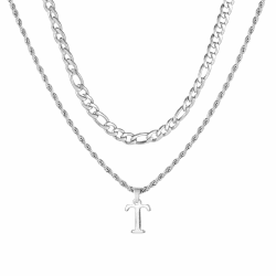 APMGONT Herren Initial Halskette, Edelstahl Silber Figaro Kette Twist Seil Link Kette mit A-Z Letter Kette Halskette für Männer Papa Freund Geburtstag Vatertag Geschenk Silber T