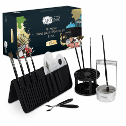 Artina Pinselhalter Elba Pinselwascher mit Behälter, Siebfilter und Haltespirale – Pinsel Zubehör Set 8 Pinsel 3 Malspachteln Mischpalette Pinselständer Pinsel Tasche