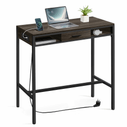 VASAGLE Bartisch, Schreibtisch, Stehtisch mit Ladestation und Flexibler Schublade aus Vliesstoff, Haken, 40 x 100 x 104,6 cm, für Büro Schlafzimmer Bar Wohnzimmer, aschbraun LBT019K02
