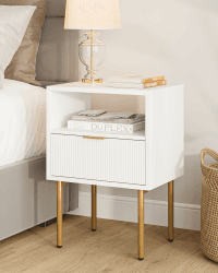 HEYZOEY Nachttisch, Nachtschrank mit 1 offenen Ablagen und 1 Schublade, Modern Nachtkästchen, Boho Nachtkommode für Schlafzimmer, Wohnzimmer, Weiß und Gold