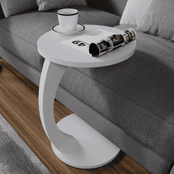 sugodesign Couchtisch mit Rollen, Kleiner Beistelltisch C Form, stylischer Sofatisch in Weiß, runder Tisch als Ablagefläche für Couch und Sofa, Beistelltisch Couch