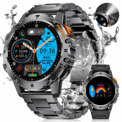 LIGE Smartwatch Herren Militär,Taschenlampe/1.43" AMOLED Sportuhr mit 500 mAh Akku/Telefonfunktion, 110+Sportmodi, IP68 Wasserdicht Smartwatch mit Herzfrequenz/Schlafmonitor für Android iOS,Schwarz