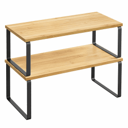 SONGMICS Gewürzregal, 2er Set Küchen-Organizer, Küchenregal, Schrank-Organizer Küche, erweiterbar, kleines Regal, stapelbar, Metall und Holzwerkstoff, tintenschwarz-naturbeige KCS200B01