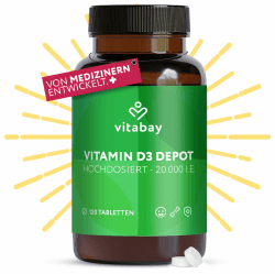 Vitabay Vitamin D3 Depot 20.000 I.E. - 120 Vegane Tabletten Hochdosiert & Vegan - ohne unerwünschte Zusätze - Trägt zur Unterstützung des Immunsystems und zur Erhaltung normaler Knochen bei