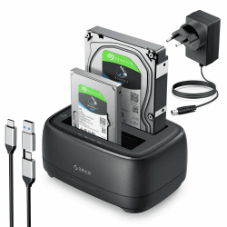 ORICO Festplatten Docking Station, Offline Klon USB 3.2 Gen 1 SSD/HDD Dockingstation für 2,5" und 3,5" HDD/SSD Bis zu 2 x 20 TB mit 12V 3A Netzteil, Unterstützung werkzeugloser und UASP (DD28C3-C)