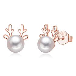 Kamise Silber Weihnachten Ohrringe Damen, 925 Sterling Silber Weihnachts Ohrstecker, Schneeflocke & Weihnachtsmann & Elch Perle & Zirkonia Ohrstecker Silber 925, 10mm Süße Silber Schlafen Ohrstecker Elch Perle - Rose Gold