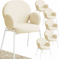 tectake® 6er Set Esszimmer Stuhl mit Armlehne, modernes Küchenmöbel mit Bouclé Teddystoff Bezug, Esszimmerstühle Wohnzimmer Sessel, Dining Chair, Küchenstühle für Esstisch (Creme)