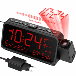 ROCAM Projektionswecker mit 270° Projektor, Wecker Digital mit UKW Radio, Snooze, Wochenendmodus, Dimmer, Typ-C, USB, Ladefuntion, Digital Uhr mit Datum, Temperatur, Nachtlicht