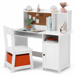 JOYLDIAS Kinderschreibtisch aus Holz, Kinder Schreibtisch mit Stuhl, Multifunktionaler Kinderlerntisch mit Ablageflächen und Stauraum/Weiß