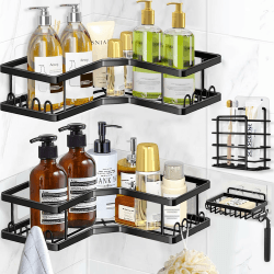 Wilkpow Duschablage, Duschkörbe Organisation Ohne Bohren, 4 Stück Duschregal Schwarz Mit Seifenschale & Haken, Badezimmer Duschregal Edelstahl Fur Badezimmer Kuche, Shower Caddy Schampoo Halterung