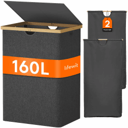 Lifewit 160L Bambus Wäschekorb mit Deckel, Faltbar Wäschesammler 2 Fächer Wäschesortierer mit Abnehmbarem Wäschesack Bambus Griffen Wäschebox Laundry Baskets für Waschküche, Schlafzimmer, Schwarz