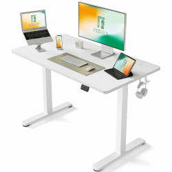 FEZIBO Schreibtisch Höhenverstellbar Elektrisch, 100 x 60 cm Computer Stehschreibtisch mit Memory-Steuerung und Anti-Kollisions Technologie, Mobiler Steh-Sitz-Schreibtisch Ergonomic Weiß Oberfläche