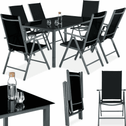 tectake® Sitzgarnitur Aluminium Klappstühle, Lounge Set mit 6X Stühle und 1x Glastisch Esstisch, Gartenmöbel Set wetterfest für den Balkon, Gartenstühle, Terrassenmöbel, Liegestuhl - anthrazit
