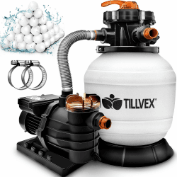tillvex Sandfilteranlage Pool 10 m³/h inkl. 800g Filterbälle | Filteranlage 7-Wege Ventil & 2in1 Adapter Ø32mm - 38mm | Poolfilter mit Druckanzeige | Sandfilter für Schwimmbecken (Weiß/Orange)