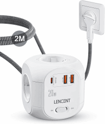LENCENT 4 Fach Steckdosenleiste Flachstecker Steckdosenwürfel Typ-C PD20W Mehrfachsteckdosen 7 in 1 Cube Steckdose mit 2USB3.0&1PD20W, Steckerleiste mit 2 Meter Geflochtenem Kabel für Wandsteckdose