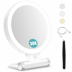 Schminkspiegel mit Beleuchtung,Doppelseitiger1X/30X Vergrößerungsspiegel mit Licht, 2000mAh 3 Farben Beleuchtungsmodi, Einstellbare Helligkeit, Faltbarer Kompakter Makeup Spiegel Reisegröße
