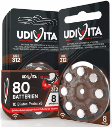80 Batterien für Hörgeräte Udivita Größe 312 (Braun) PR41 Zink-Luft mit Sound Fusion-Technologie – 10 Blister mit 8 Batterien