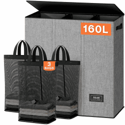 SOLEDI 160L Wäschekorb, Wäschesammler 3 fächer mit Deckel und 3 Wäschesack - Wäschesortierer Groß XXXL Für Badezimmer, Schlafzimmer, Wäschekammer, Kinderzimmer