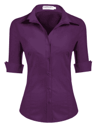 Hotouch Bluse Damen 3/4 Ärmel Büroblusen Slim Fit Hemd Baumwolle Hemdbluse Basic Shirt mit Knopleiste Kurzarm Oberteile V-Ausschnitt Blusenshirt Tops XS-XXL XXL Lila(eine Nummer Kleiner für Slim Fit)