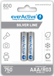 everActive Akku AAA 800 mAh 2 Stück, NI-MH, Micro R03, wiederaufladbare Batterien, vorgeladen, Silver Line 1.2V, 1 Blisterkarte
