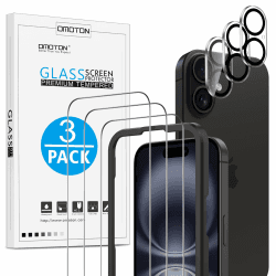 OMOTON für iPhone 16 für Panzerglas mit Rahmen-Installationshilfe, kompatibel mit iPhone 16 Kamera Schutzfolie, Anti- Kratzer, Bläschenfrei, 9H Härte Folie, 3+3 Stück