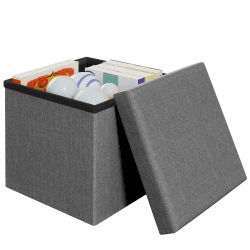 Klihome Sitzhocker mit Stauraum, Kleine Faltbare Sitztruhe, Sitzwürfel aus Leinen, 30x30x30 cm, Aufbewahrungsbox mit abnehmbarem Deckel, gepolsterter Hocker als Fußablage, Dunkelgrau