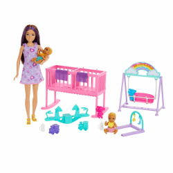 Barbie Skipper-Puppe und Kinderzimmer mit Zubehör, enthält Zwillingsbabypuppen, 1 Bettchen, 1 Schaukel, 1 Wippe und mehr, HXM99