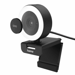 Hama Webcam mit Licht, Fernbedienung, Zoom, mobil (QHD 2K PC-Kamera mit Dual Mikrofon, Streaming-Cam, Ringlicht-Webcam Abdeckung, Autofokus, 360° drehen 89° neigen, 1/4-Zoll-Gewinde f. Stativ) schwarz