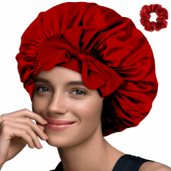 Haquno 1 Stück Schlafmütze Satin Bonnet Nacht Schlaf Mütze Verstellbare Schlafkappe Kopfbedeckung Weiche Kopfhaube Schlafhaube Seide doppellagige Nachtmütze mit Gummizug für Damen und Mädchen(Rot)