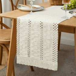 GlasFlength Tischläufer Boho 30x180cm, Outdoor landhausstil Tischläufer Modern Baumwollflachs Beige Table Runner Vintage Tischdecke mit Quasten Abwaschbar Läufer Tisch für Hochzeit Küche Esstisch Deko