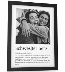 Papierschmiede® Personalisierte Geschenke Schwesterherz, Definition mit Foto DIN A5 (15x21 cm) Rahmen wählbar fertig gerahmt, Persönliches Bild als Geschenk an Schwester zu Weihnachten, Geburtstag