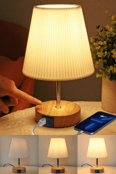 HSLighting Nachttischlampe Touch Dimmbar Lampe Wohnzimmer Tischlampe mit Ladefunktion USB A+C Anschlüssen Steckdosen 2 LED Birnen Leinen-Lampenschirm Kleine Schreibtischlampe für Schlafzimmer Büro