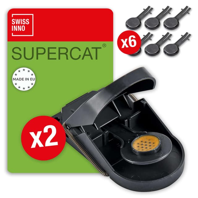 SWISSINNO Mausefalle SuperCat | Effizient + Wiederverwendbar mit Erdnussbutter-Köder | Sofortiges Fangen + Töten | Verwendung im Innen- und Außenbereich | 2X Fallen + 6X Ködereinlagen