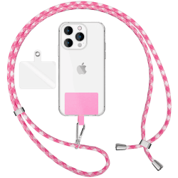 NALIA Bunte Universal-Kette mit Pad, Band für Handy-Hülle zum Umhängen, Karabinerhaken Anhänger Metall, Schlüsselband Umhängeband 160 cm, Crossbody Lanyard mit Schlaufe, Farbe:Rosa Weiß
