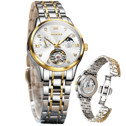 OLEVS Damenuhr Damen Automatik Mechanisch Skelett Luxus Diamant Elegant Edelstahl Wasserdicht Analog Original Silber Uhr 6608：silber Gold /Weiß