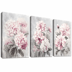 3Pcs Grau Rosa Hortensien Blumen Mit Rahmen Leinwand Bilder Pfingstrose Blumen Blüte Bild auf Leinwand Malerei Poster Wandbilder Wanddeko Wohnzimmer Schlafzimmer Dekorationen 90x40cm (12"x16"x3pcs Grau Rosa Hortensien Blumen 30L x 40B cm