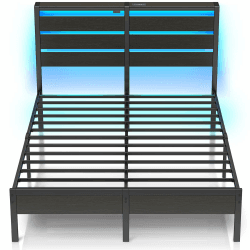 Rolanstar Bettgestell mit LED, Metallbett mit USB-Ladestation & Holzkopfteil mit Stauraum, Doppelbett mit Stauraum unter dem Bett, perfekt für Schlafzimmer, 140 x 200 cm