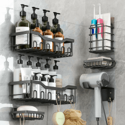 rigors Duschablage ohne Bohren, 6 Stück Badezimmer Regal mit Haartrocknerhalter und Haken, Duschregal Edelstahl Duschkorb Wandhängend, Selbstklebend Badezimmer Organizer für Bad und Küche Schwarz