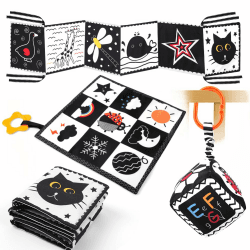 Aolso Kontrastbuch Schwarz Weiß Stoffbuch, Kinderwagen Spielzeug, 3 Stück Kinderbett Sensorik Spielzeug, Hängespielzeug, Kontrastkarten Sensorik Kontrast Geschenk für die frühe Bildung