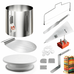 4smile 24 Teile Torten-Zubehör-Set mit Tortenring verstellbar hoch 15 cm + Tortenschneider, Tortenheber, Tortenplatte drehbar, Streichpalette, Winkelpalette, Spritzbeutel mit Tüllen, Tortenschablone