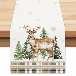 Bonhause Tischläufer Winterwald-Hirsch, Tischläufer Wintertier Elch Küche Esstisch Dekoration für Drinnen Draußen Urlaub Party Waschbar Wohnkultur Tafeltuch (33 x 183 cm)